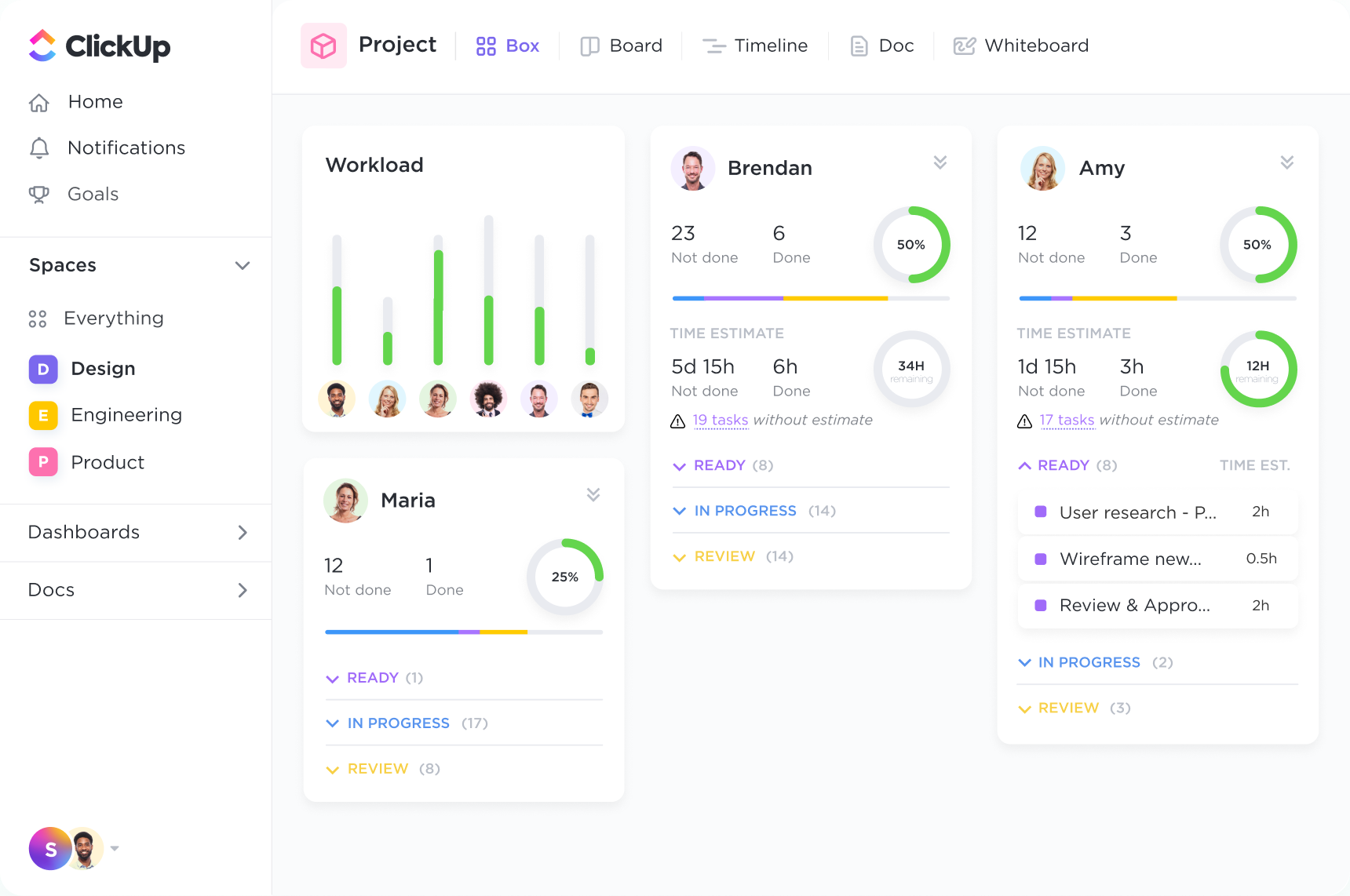 ClickUp Box View: ekip üyelerine göre gruplandırılmış görev ve iş yükü dağılımı