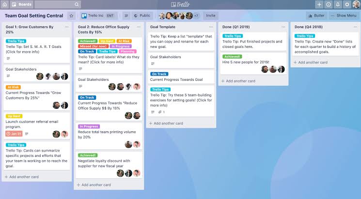 Trello board görünümü: sütunlar ve Kanban kartları ile proje takibi